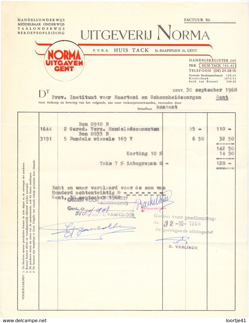 Factuur Facture - Uitgeverij Norma - Huis Tack - Gent - 1968 - Drukkerij & Papieren