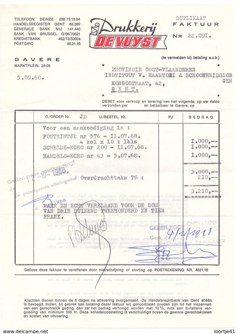 Factuur Facture - Drukkerij De Vuyst - Gavere - 1968 - Drukkerij & Papieren