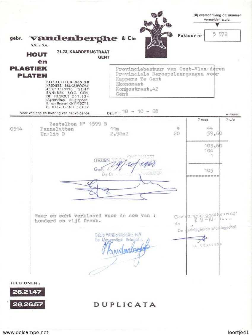 Factuur Facture - Hout En Plastiekplaten Gebr Vandenberghe & Cie - 1968 - 1950 - ...