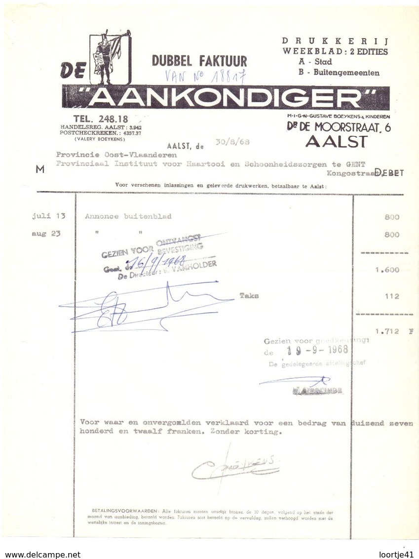 Factuur Facture - Drukkerij Weekblad De Aankondiger - Aalst - 1968 - Drukkerij & Papieren