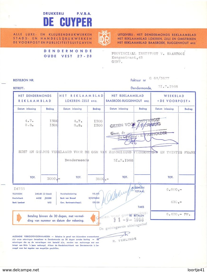Factuur Facture - Drukkerij De Cuyper - Dendermonde 1968 - Drukkerij & Papieren