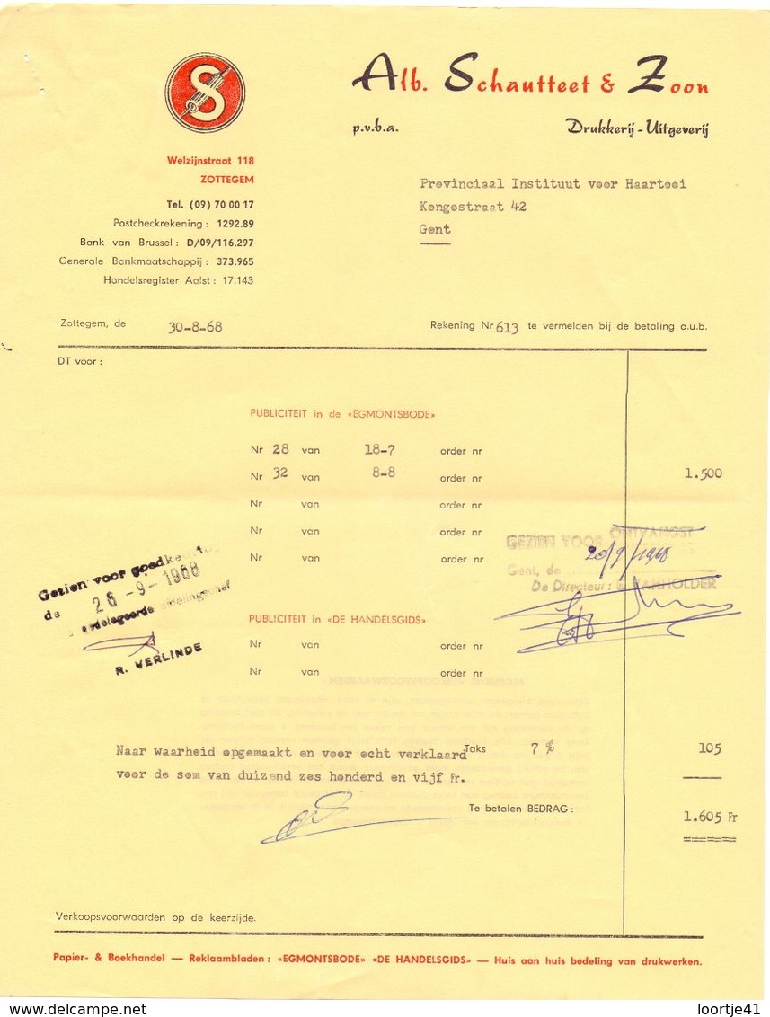 Factuur Facture - Drukkerij Alb. Schautteet & Zoon - Zottegem 1968 - Drukkerij & Papieren