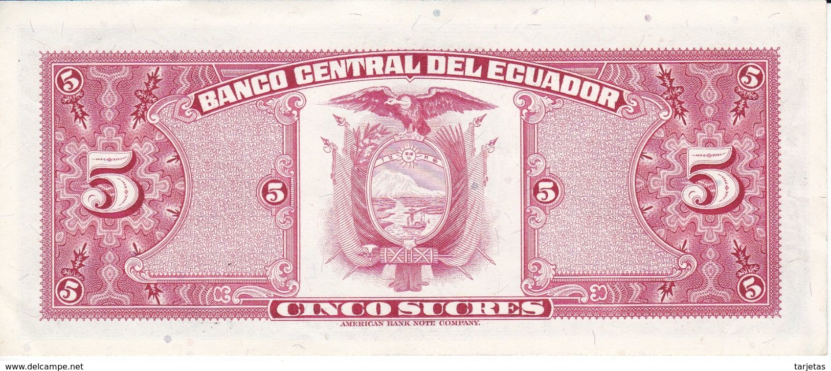 BILLETE DE ECUADOR DE 5 SUCRES DEL AÑO 1975 EN CALIDAD EBC (XF) (BANKNOTE) - Ecuador