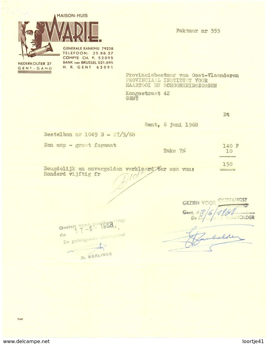 Factuur Facture - Huis Warie - Gent Gand  1968 - Drukkerij & Papieren
