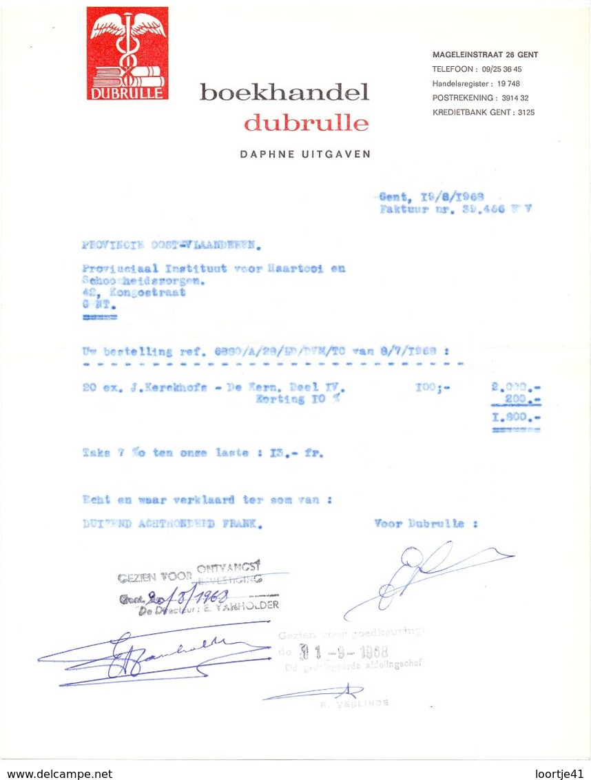 Factuur Facture - Boekhandel Dubrulle - Gent  1968 - Printing & Stationeries