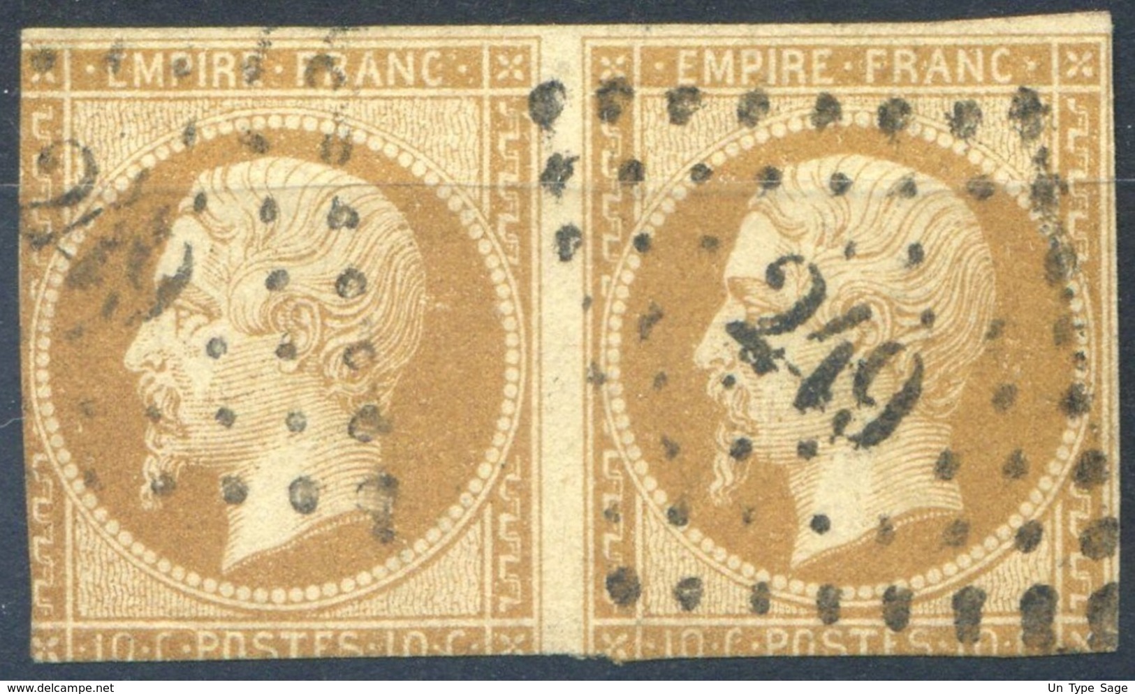 France N°13 (typeII) Paire Oblitérée PC 249 - (F109) - 1853-1860 Napoléon III