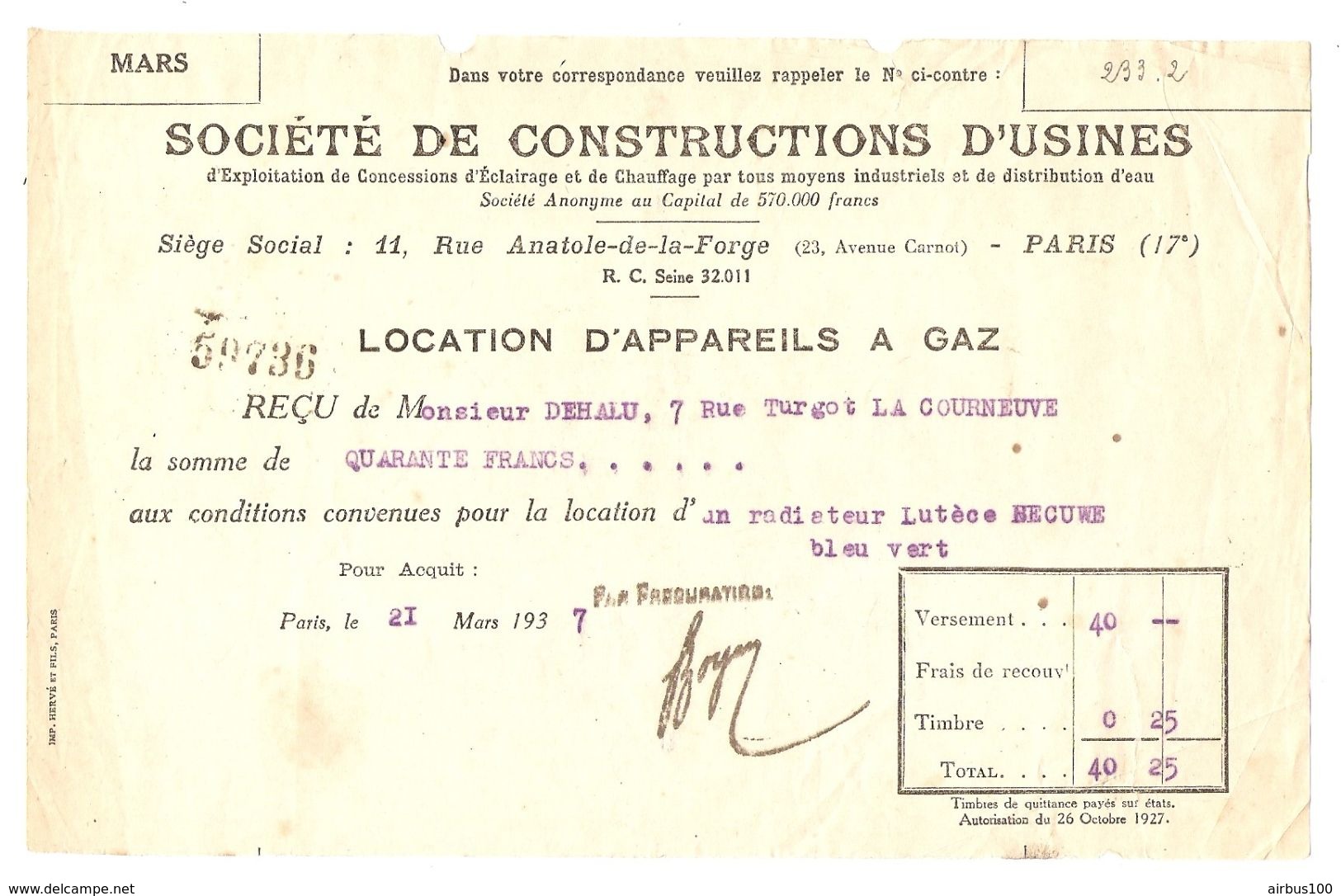 RECU 21 MARS 1937 - Sté De CONSTRUCTIONS D'USINES LOCATION D'APPAREILS à GAZ - RUE ANATOLE De La FORGE PARIS 17 èmè - Electricity & Gas