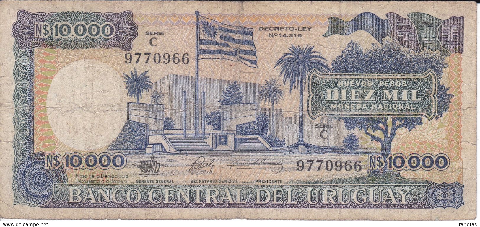 BILLETE DE URUGUAY DE 10000 PESOS DEL AÑO 1987 SERIE C (BANK NOTE) - Uruguay