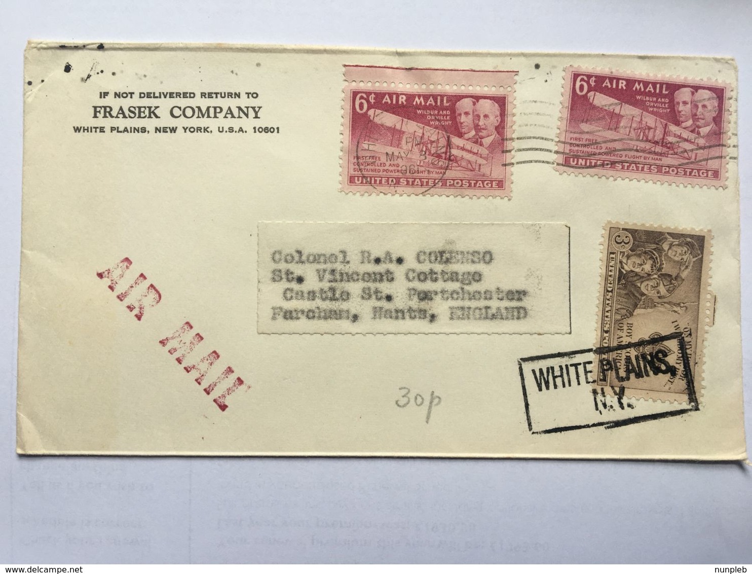 USA 1949 Cover White Plains N.Y. Rectangular Cancel Air Mail To England - `Frasek` - Lettres & Documents