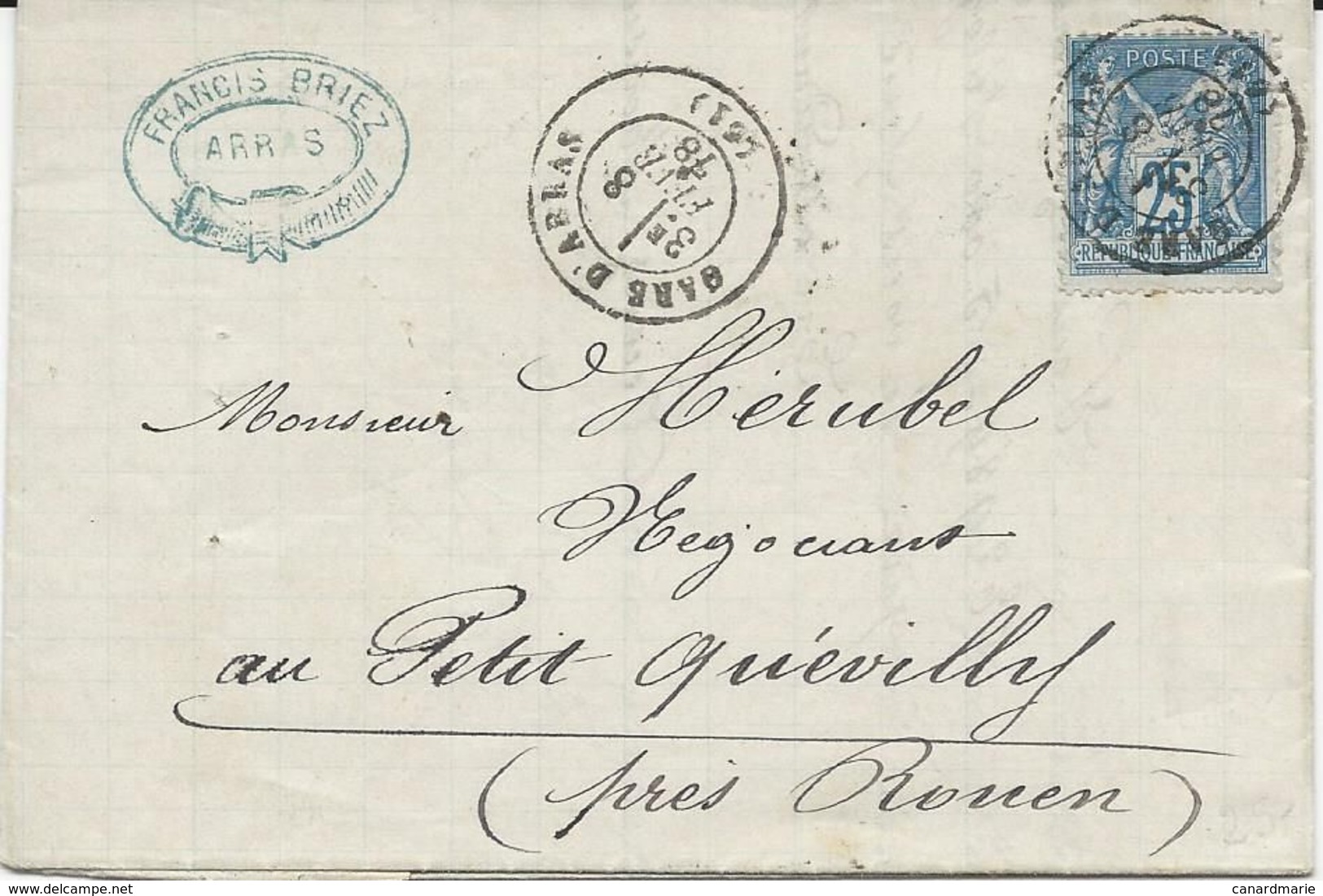 LETTRE  1878 AVEC TIMBRE AU TYPE SAGE ET CACHET GARE D'ARRAS - Poste Ferroviaire