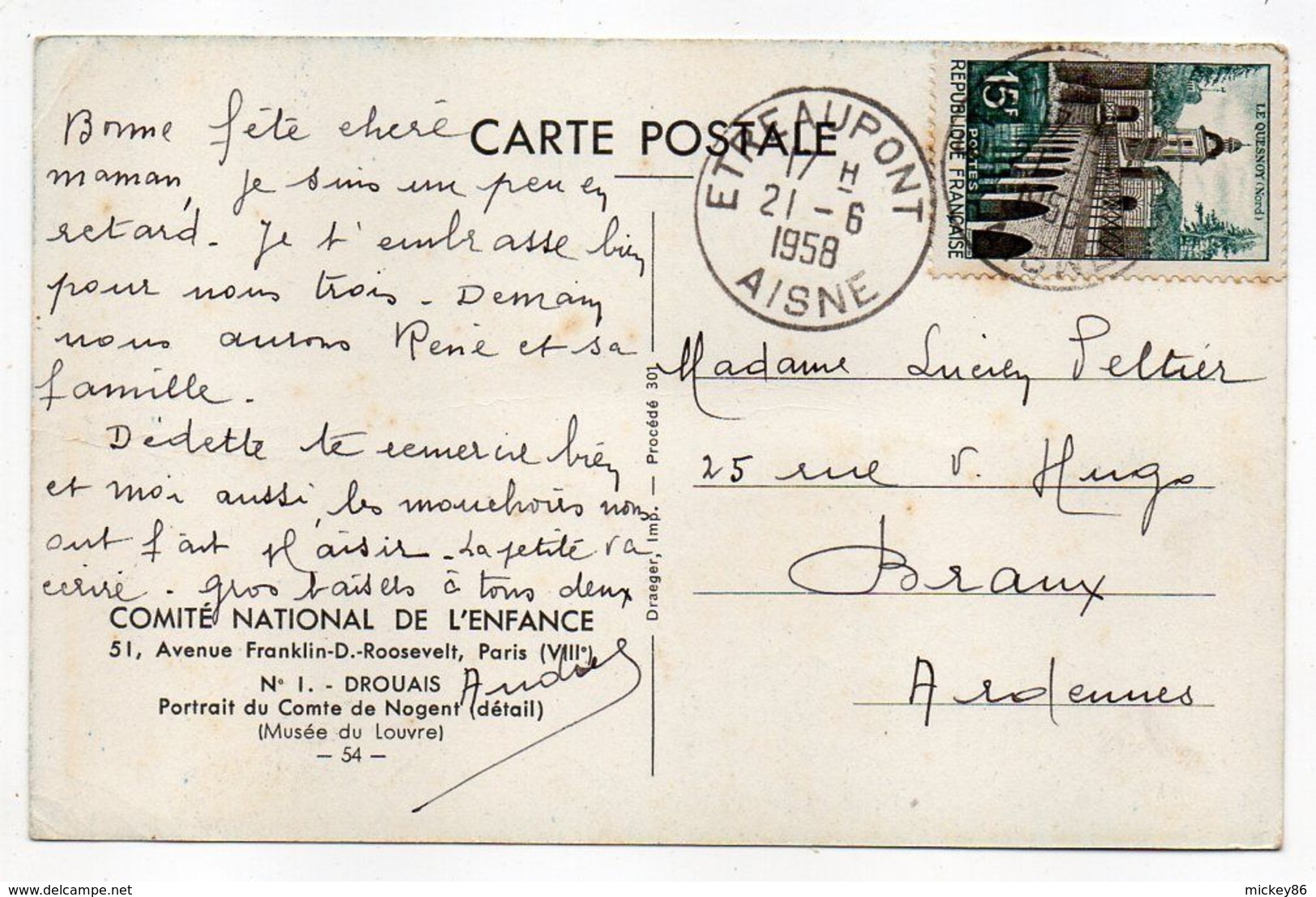 Histoire--d'après Drouais -1958--Portrait Du Comte De Nogent...timbre..beau Cachet  ETREAUPONT -02 - History