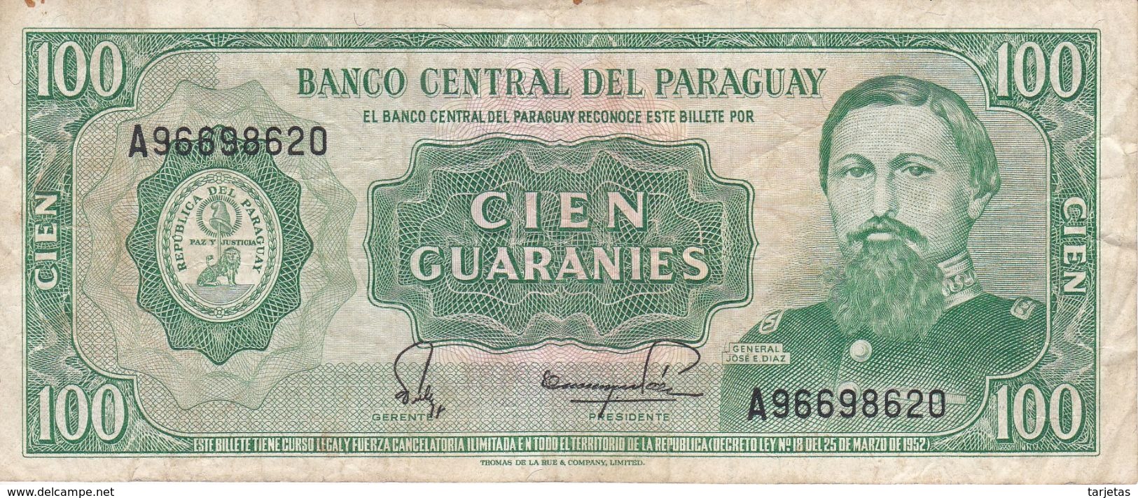 BILLETE DE PARAGUAY DE 100 GUARANIES DEL AÑO 1952  (BANKNOTE) - Paraguay