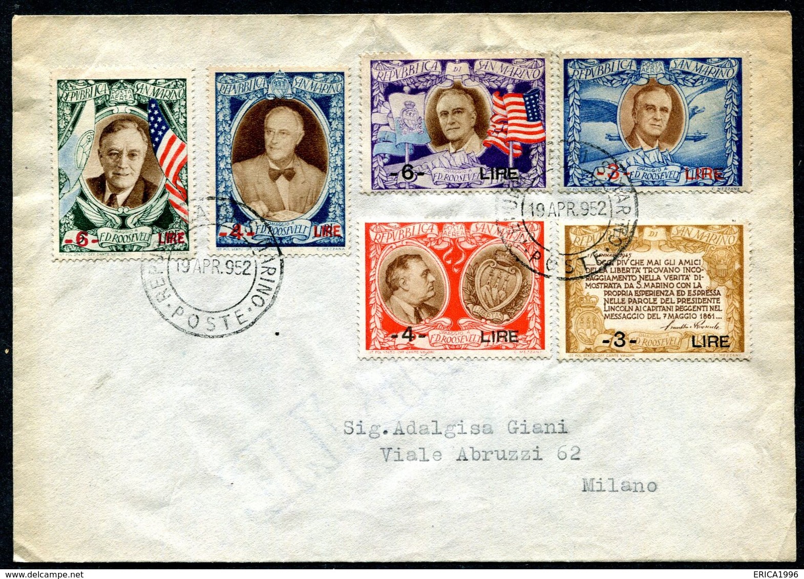 G10-100 SAN MARINO 1952 Lettera Affrancata Con Roosvelt Sovrastampati, Serie Completa, Annullo Di Arrivo, Ottime Condizi - Lettres & Documents