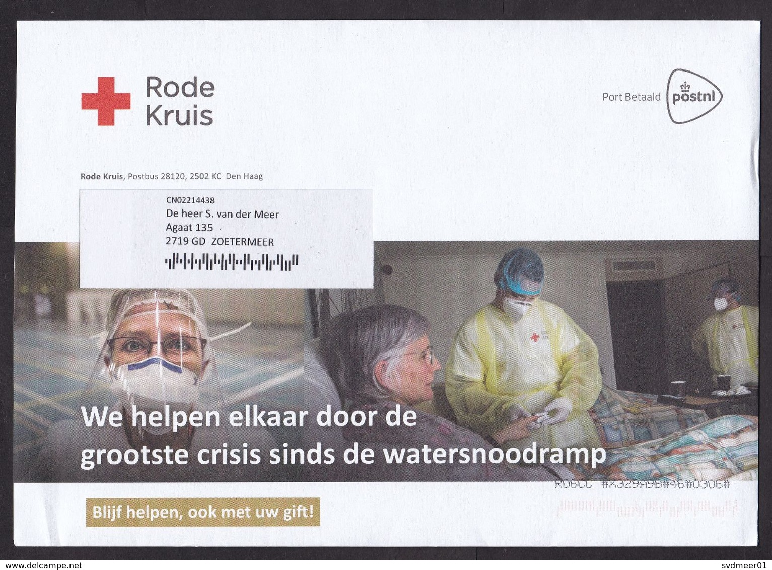 Netherlands: Cover, 2020, Postage Paid, Red Cross, COVID-19 Slogan Worst Crisis Since Flooding (of 1953) (traces Of Use) - Storia Postale