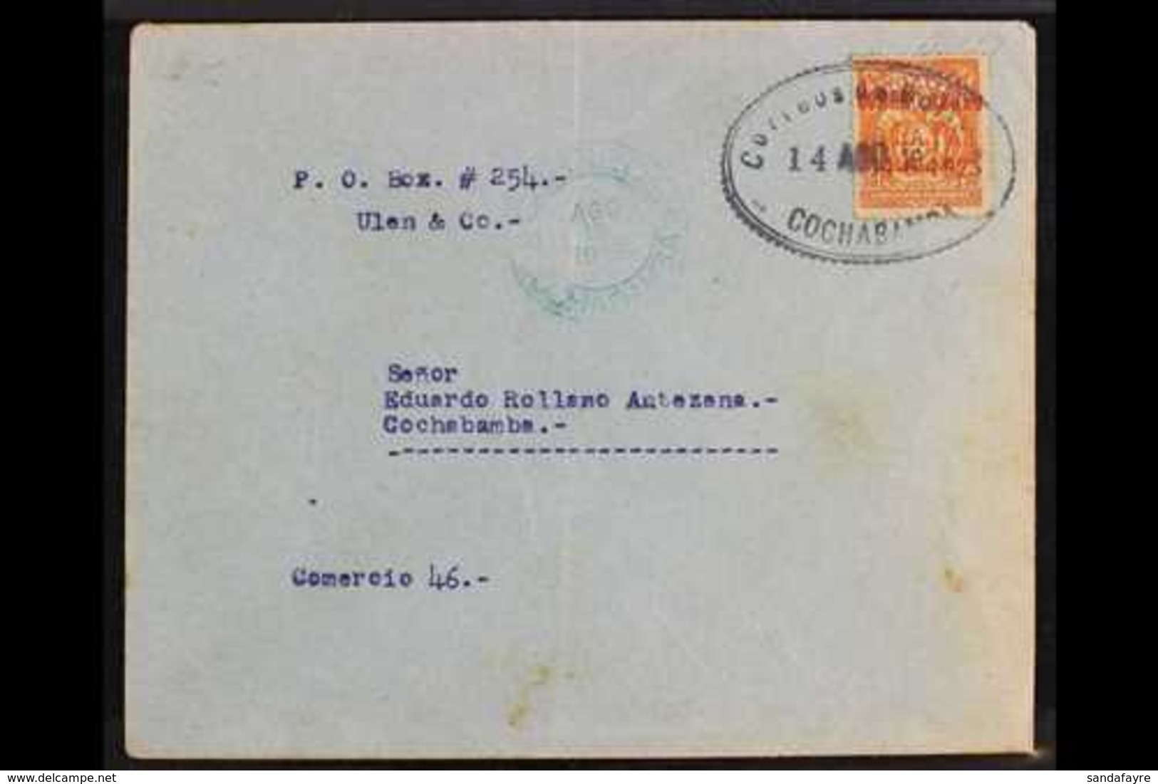 1925  (14 Aug) Cochabamba To La Paz First Flight Cover, Bearing 50c Orange With "Correo Aereo / A La Paz / 14-8-1925" Sp - Bolivia