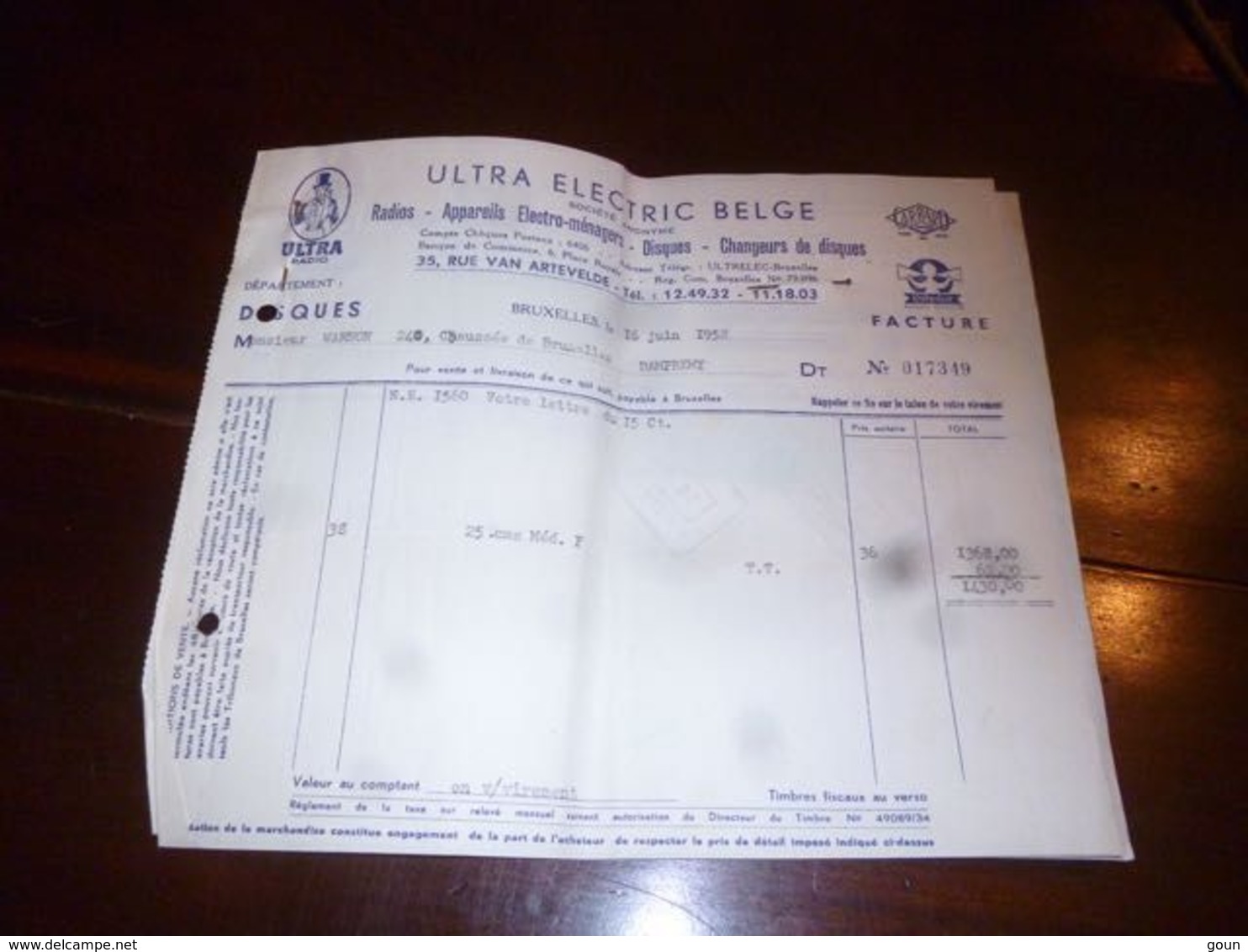 FF1 Document  Facture Ultra Electri Belge Ultra Radio Polydor Bruxelles 1952 Département Disques - 1950 - ...