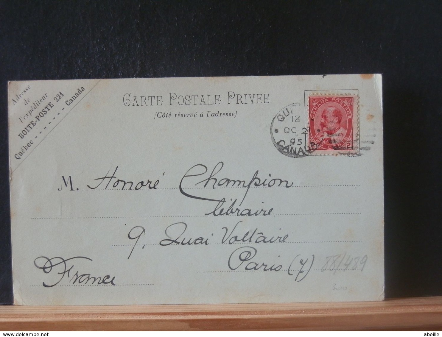 88/489 CP CANADA 1905 POUR LA PARIS - Cartas & Documentos