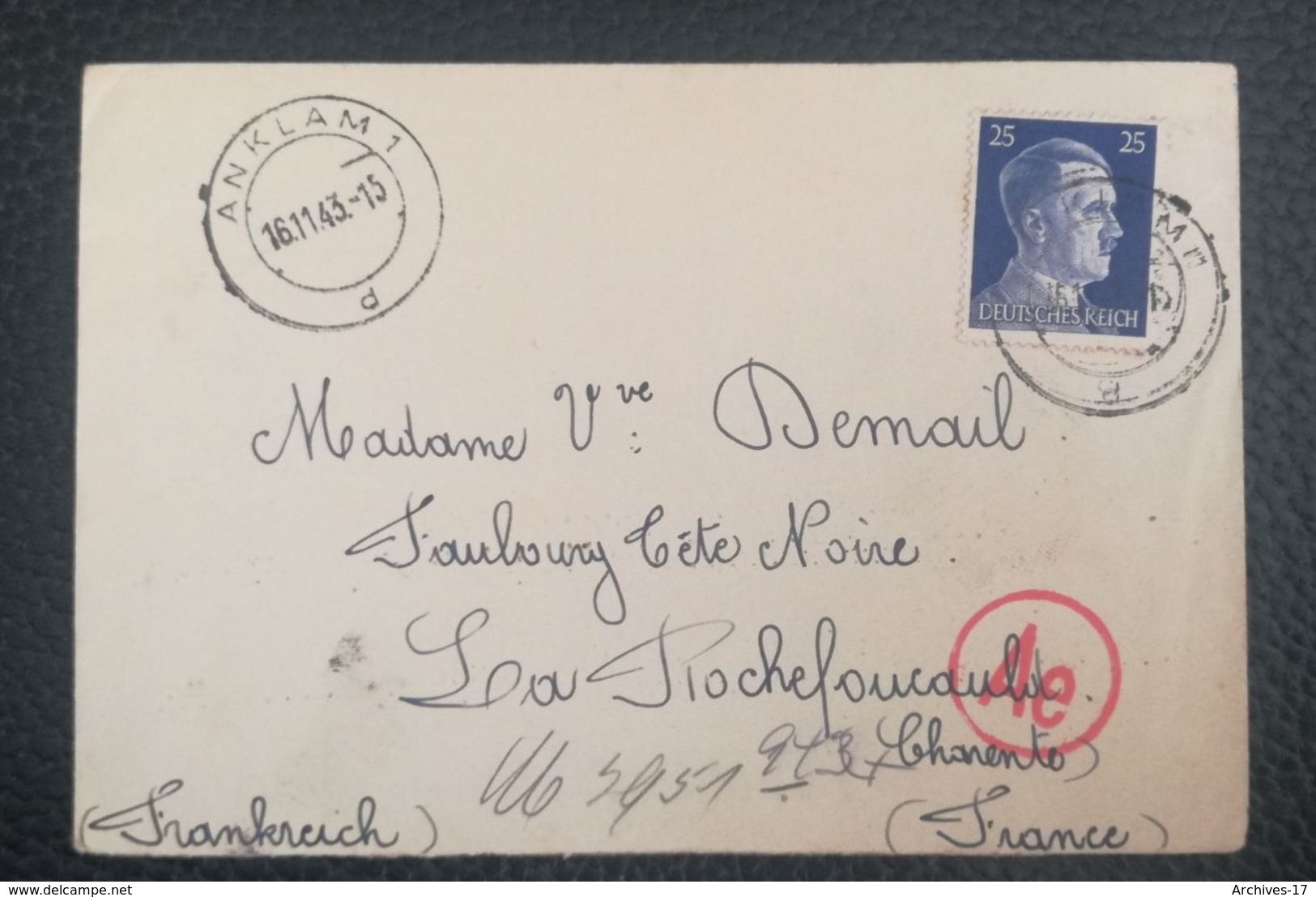 COVER 1943 - ANKLAM 1 D - Ae - To La Rochefoucauld France - Covers & Documents