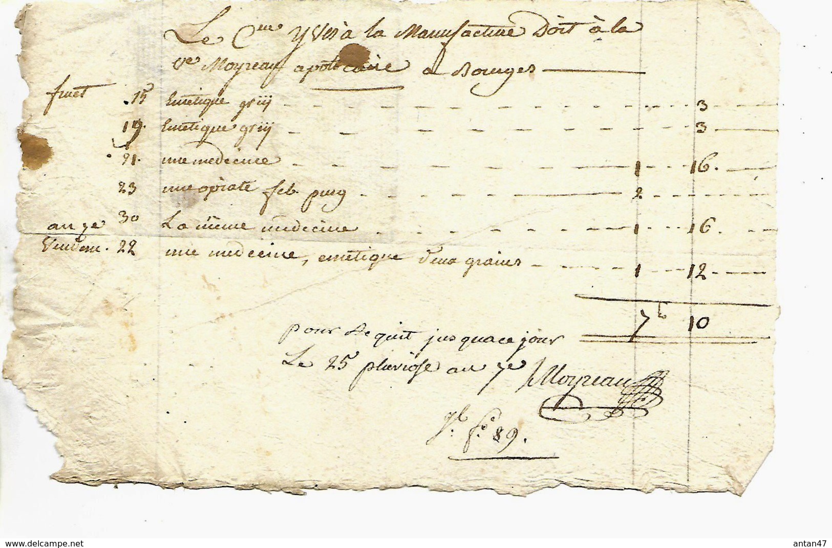 Facture 1789 / 18 BOURGES / Apothicaire MOYREAU Pour Cme Yves à La Manufacture - ... - 1799