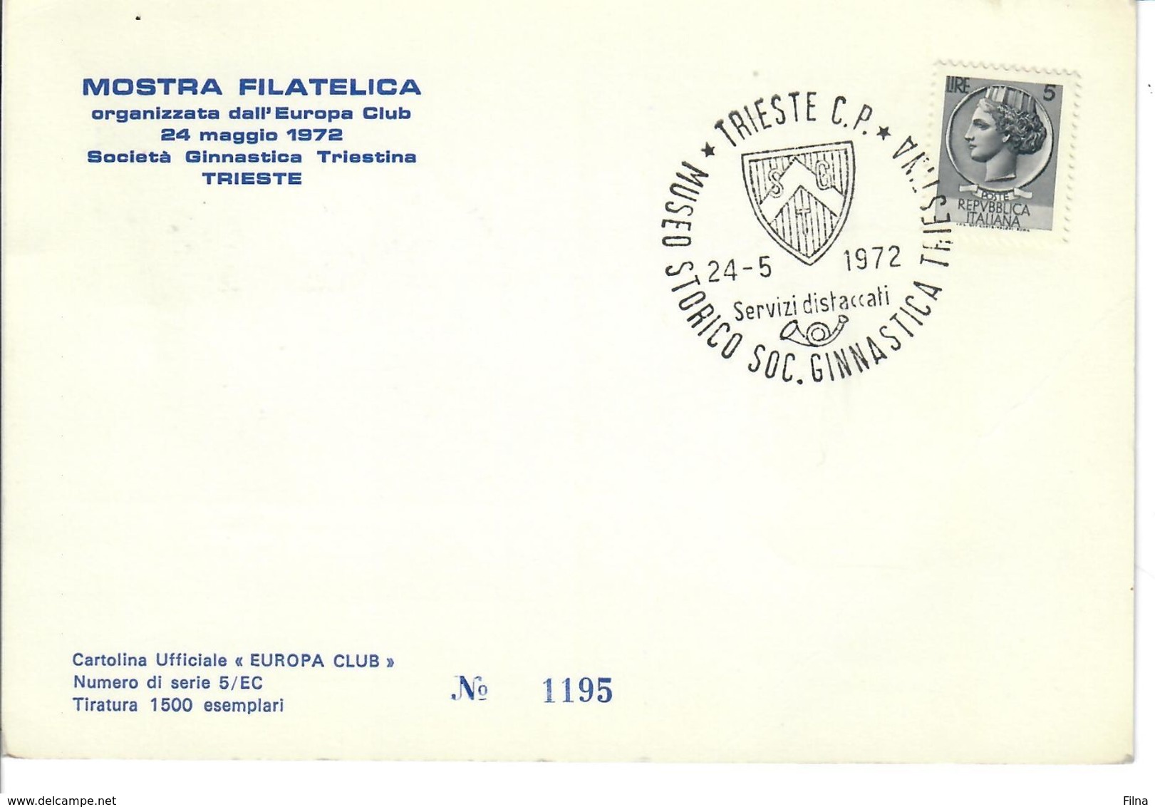 CARTOLINA UFFICIALE  INAUGURAZIONE MUSEO STORICO SOCIETA'  GINNASTICA TRIESTINA 24 MAGGIO 1972 - Inaugurations