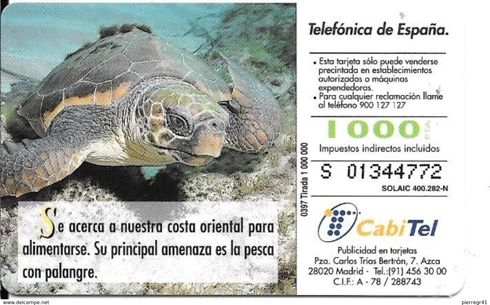 CARTE-PUCE-ESPAGNE-1000Pst-03/97-TORTUE-MARINE-TBE - Tortugas