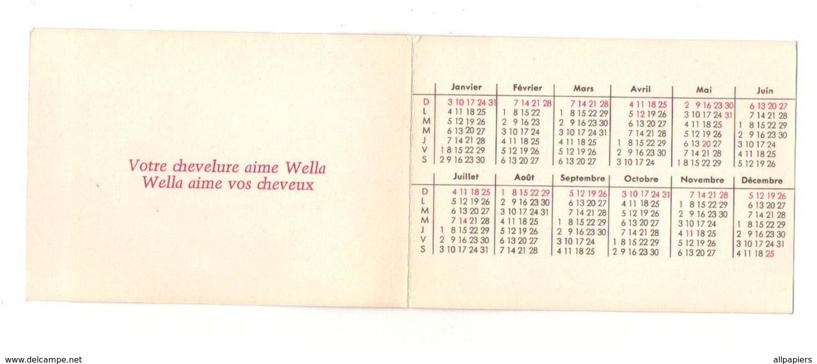 Petit Calendrier 1971 Votre Chevelure Aime Wella Aime Vos Cheveux - Jackie Batisse Clermont-Ferrand - Format :10.5x7.5 - Klein Formaat: 1971-80