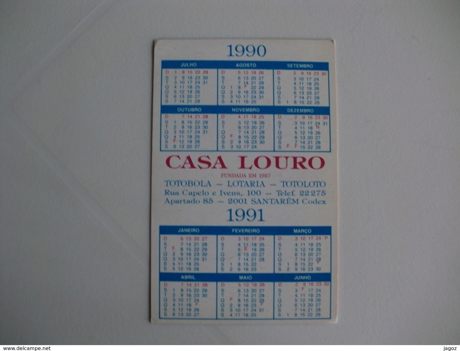 Lottery Lotaria Loterie Casa Louro Portugal Portuguese Pocket Calendar 1990/1991 - Small : 1981-90