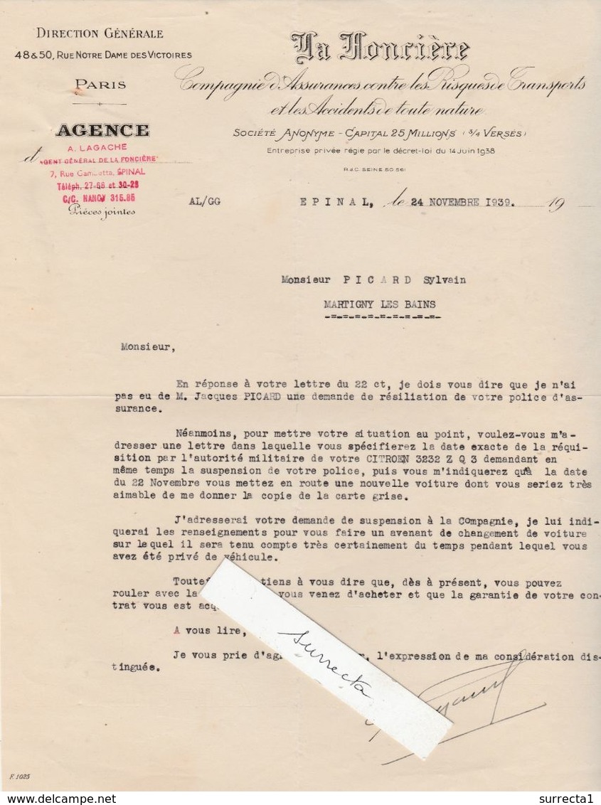 Courrier 1939 Assurance La Foncière / Pour Picard Martigny 88 / Réquisition Voiture Citroën - 1939-45
