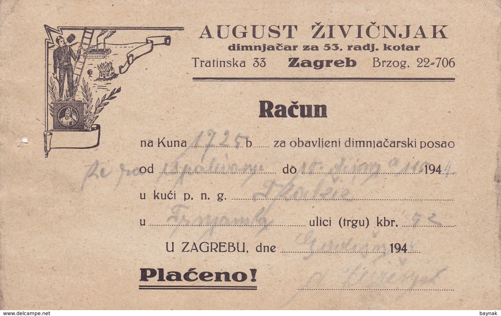 CROATIA  --  ZAGREB  --  FACTURE, INVOICE  --  1941  --  AUGUST ZIVICNJAK  --  DIMNJACAR, MONEUR, CHIMNEY SWEEP - Autres & Non Classés