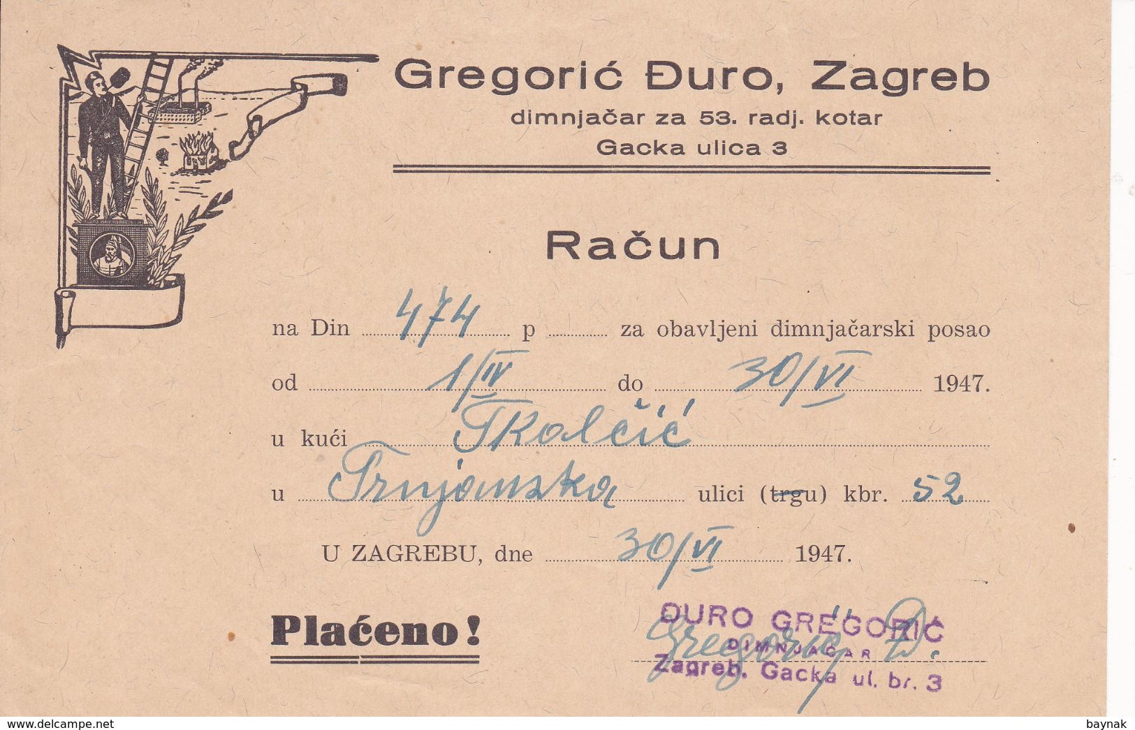 CROATIA  -  ZAGREB  --  LOT 4 X  FACTURE, INVOICE  - 1947/1952  --  GJURO GREGORIC  --  DIMNJACAR, MONEUR, CHIMNEY SWEEP - Other & Unclassified