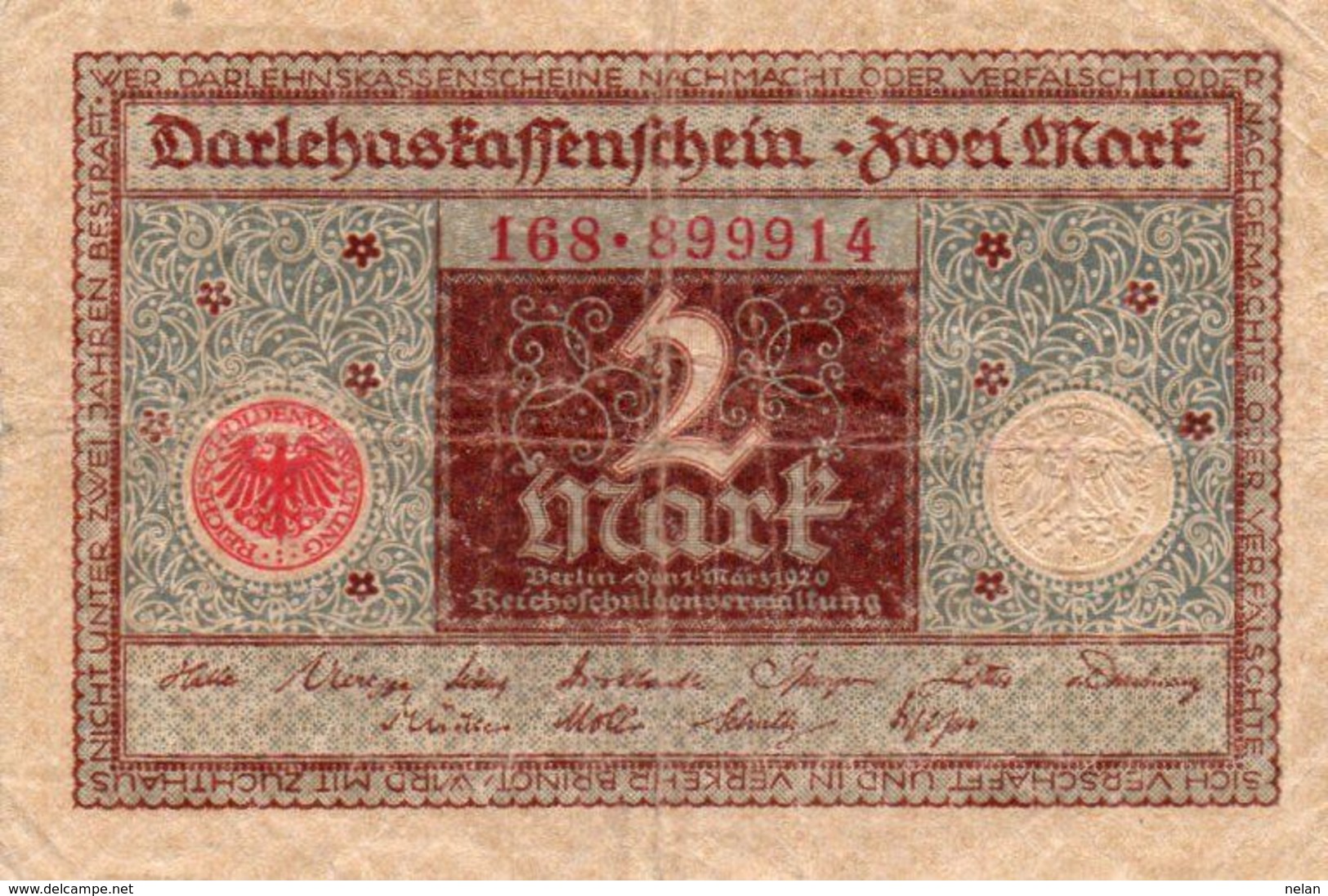 GERMANY-  2 MARK 1920  P-60  Circ. - 2 Rentenmark