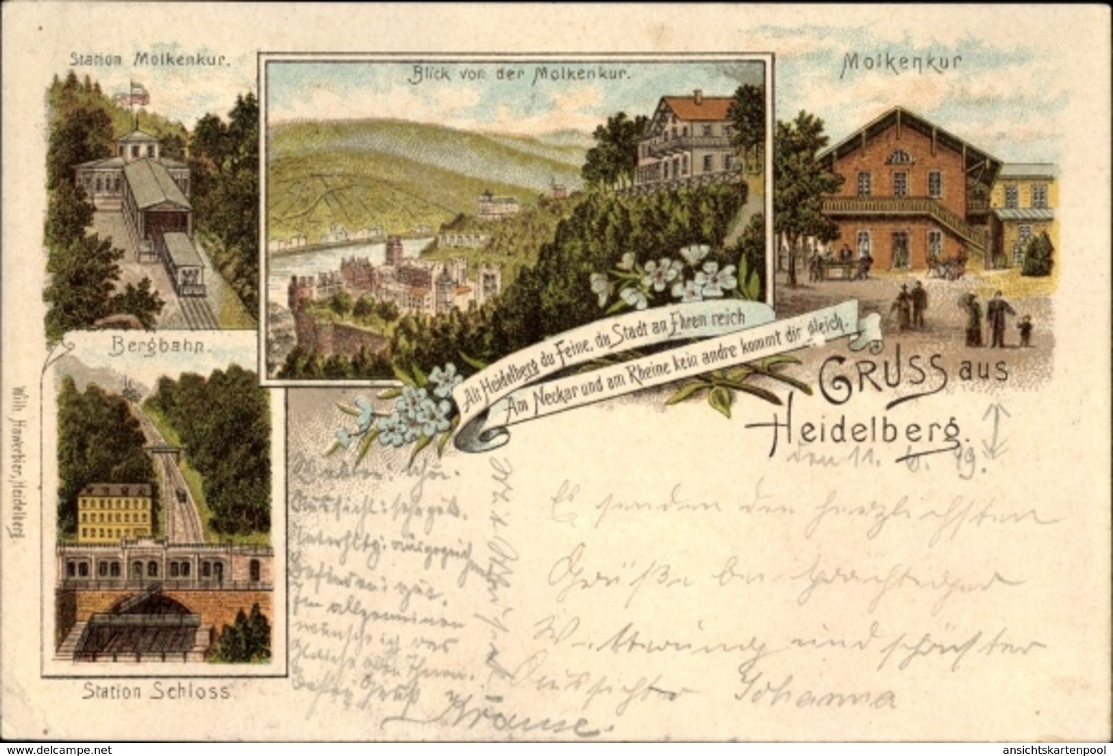 Lithographie Heidelberg Am Neckar, Ansichten Der Molkenkur, Station, Bergbahn - Autres & Non Classés