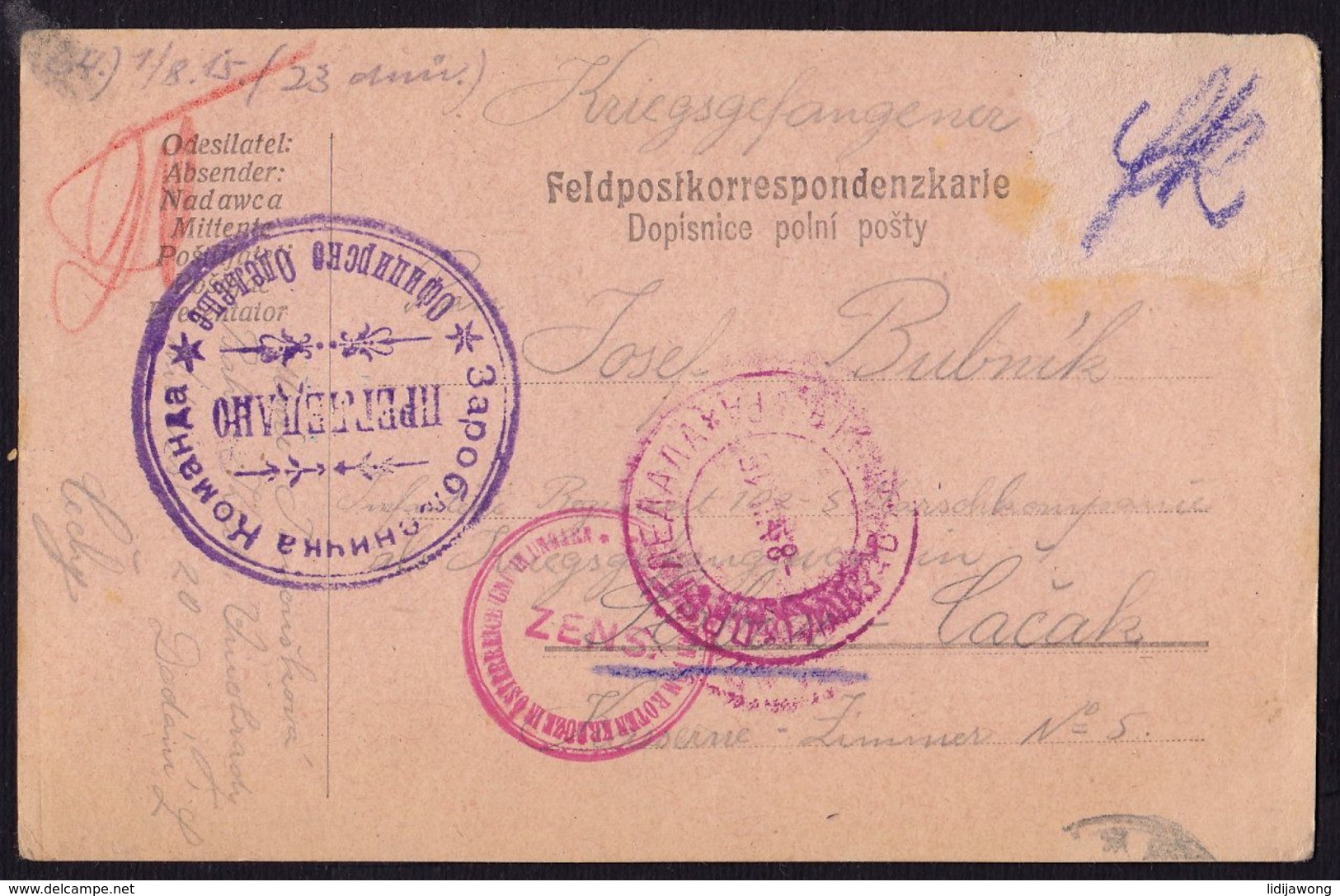Czech Military Censored Postal Card To Serbia (cacak) POW Camp 1915 WW1 Kriegsgefangenen Lager (see Sales Conditions) - Serbie
