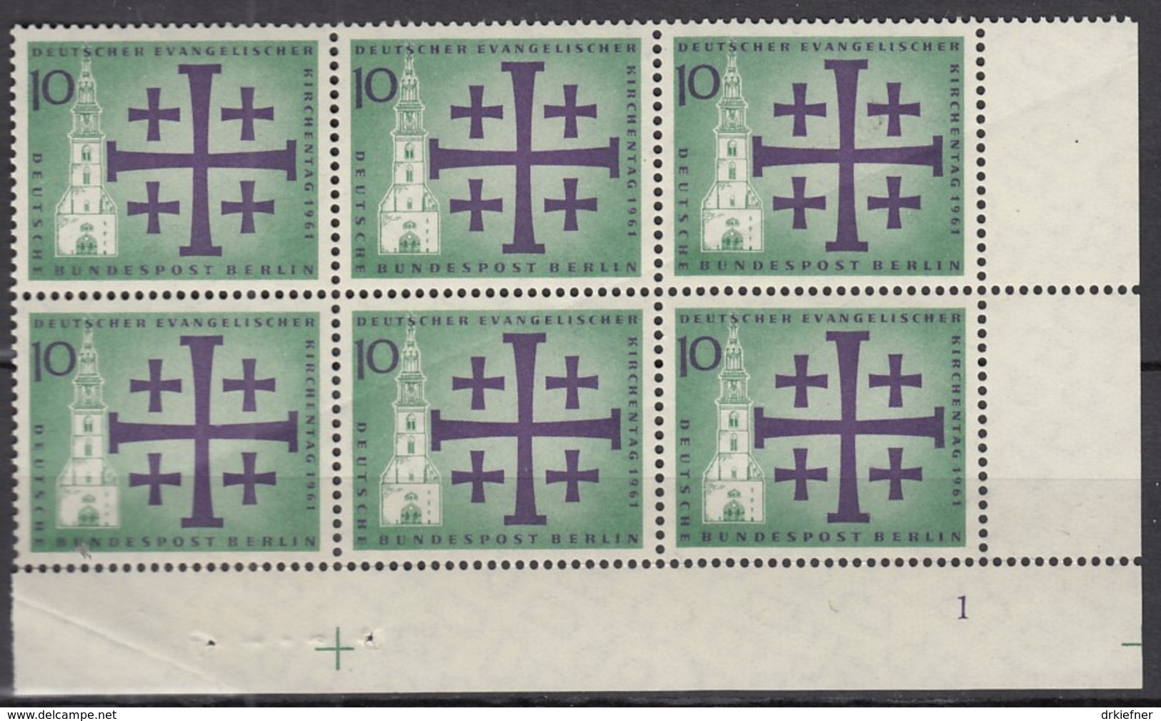 BERLIN 215, 6erBlock, Eckrand Rechts Unten, Postfrisch **, Mit Formnummer "1" Und Passerkreuz,Dt. Evang. Kirchentag 1961 - Unused Stamps