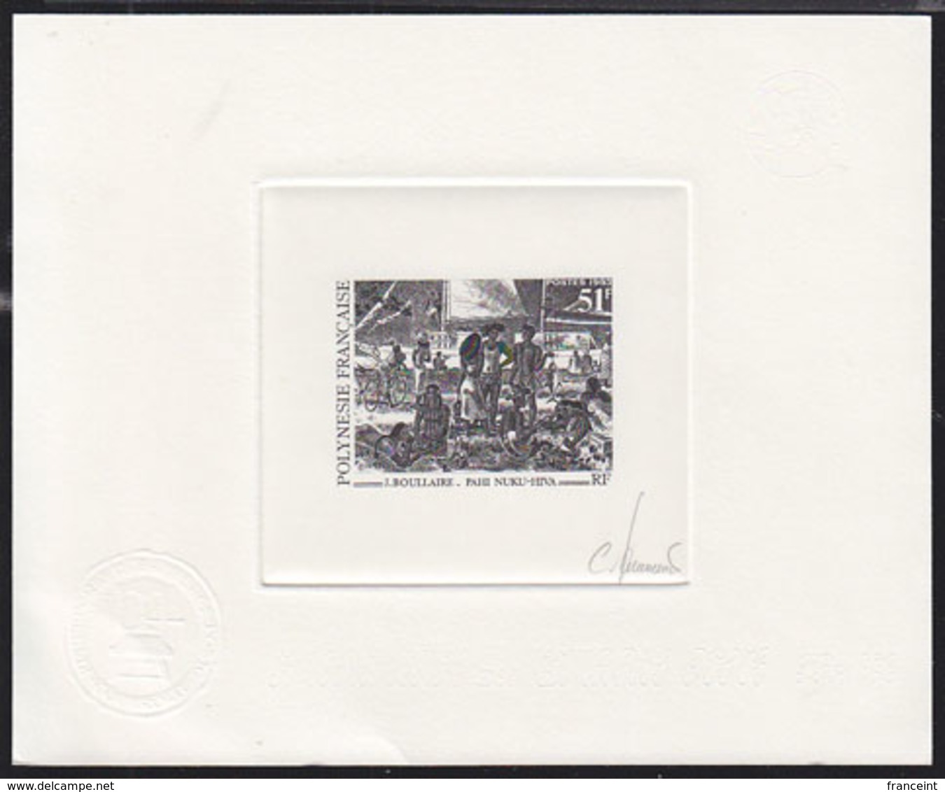 FRENCH POLYNESIA (1993) Nuku Hiva.  Die Proof In Black Signed By The Engraver JUMELET. Scott No 619, Yvert No 435. - Imperforates, Proofs & Errors