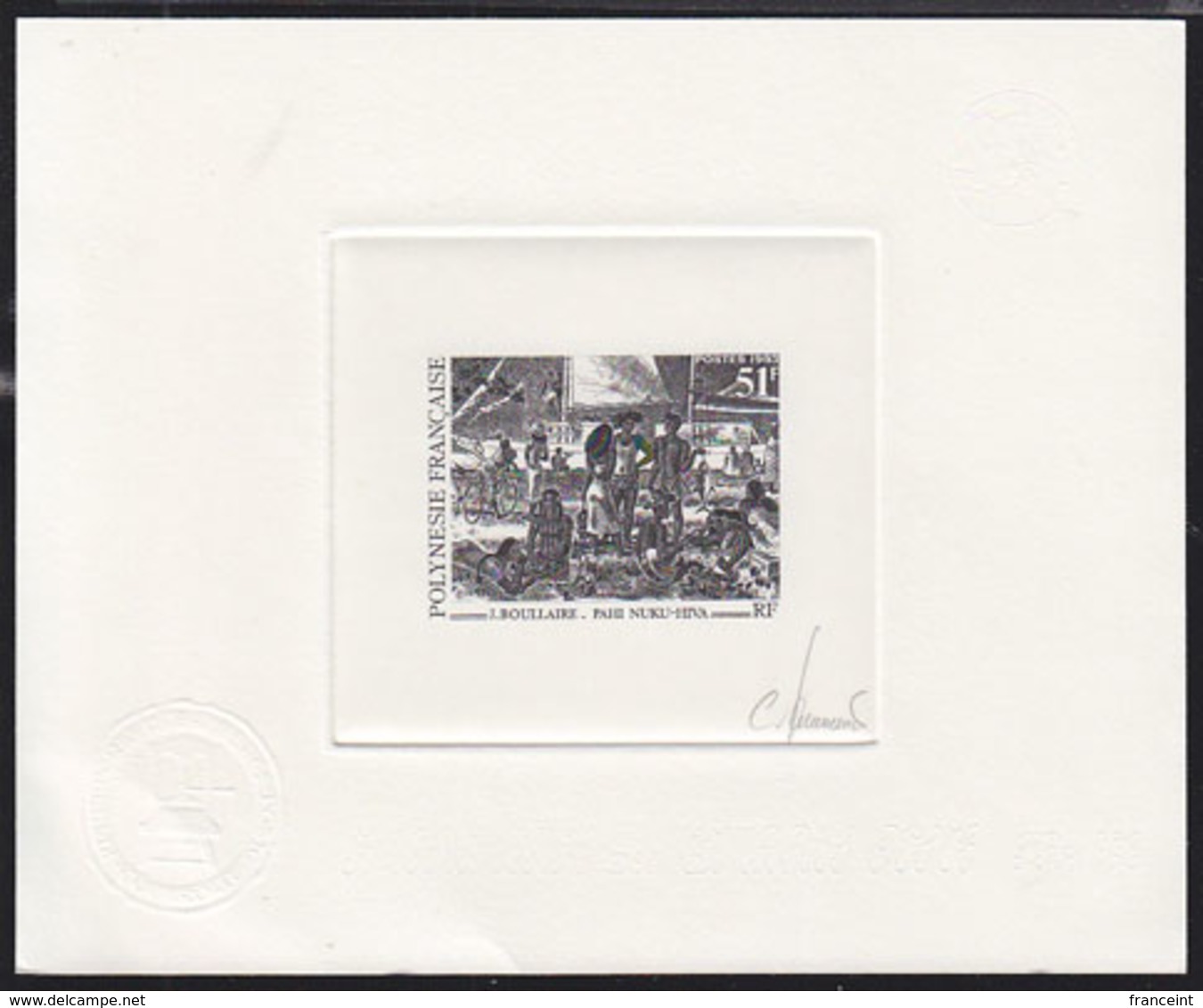 FRENCH POLYNESIA (1993) Nuku Hiva.  Die Proof In Black Signed By The Engraver JUMELET. Scott No 619, Yvert No 435. - Sin Dentar, Pruebas De Impresión Y Variedades