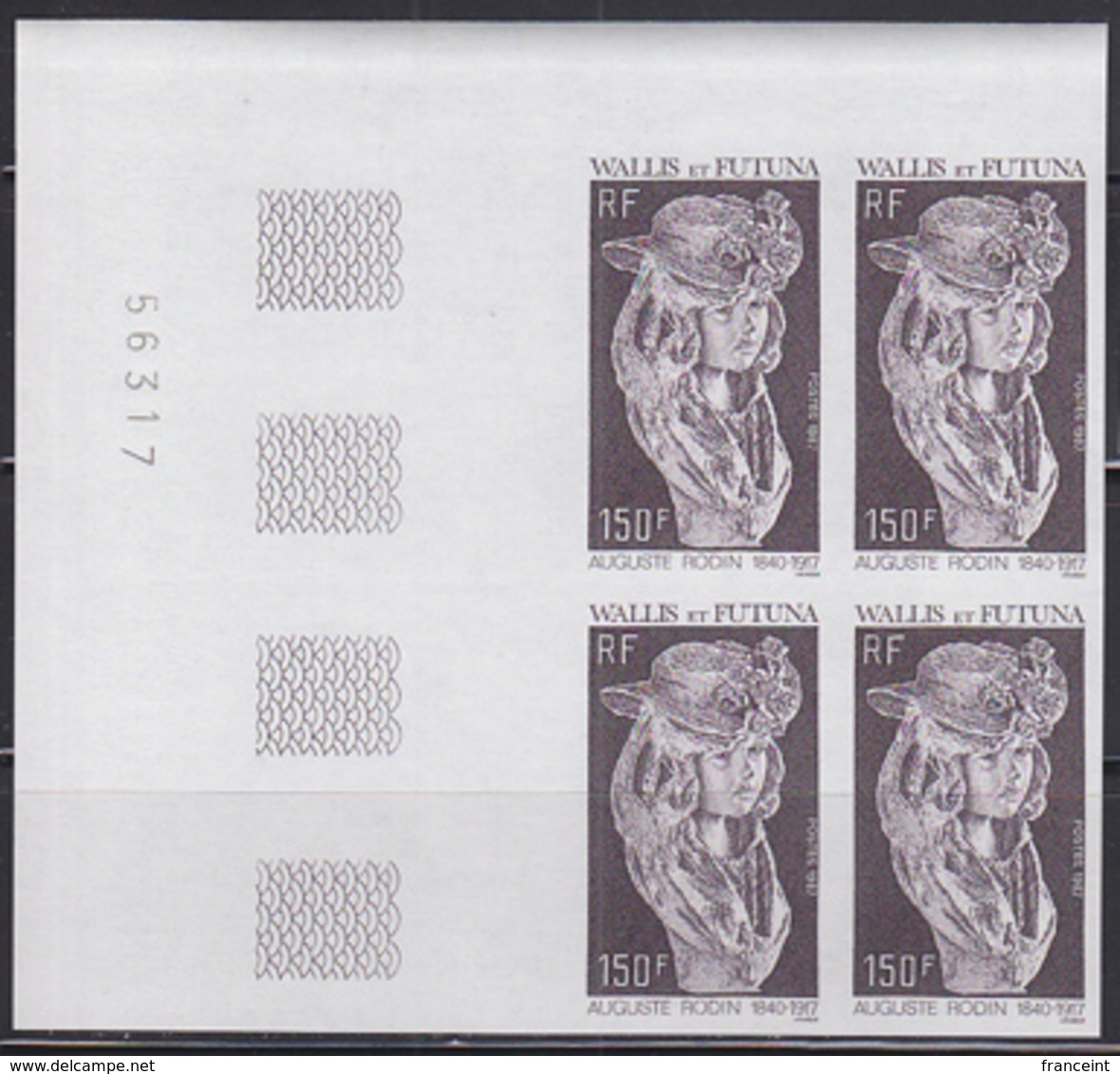 WALLIS & FUTUNA (1987) Bust Of Woman By Rodin. Imperforate Corner Block Of 4. Scott No 361, Yvert No 367. - Sin Dentar, Pruebas De Impresión Y Variedades