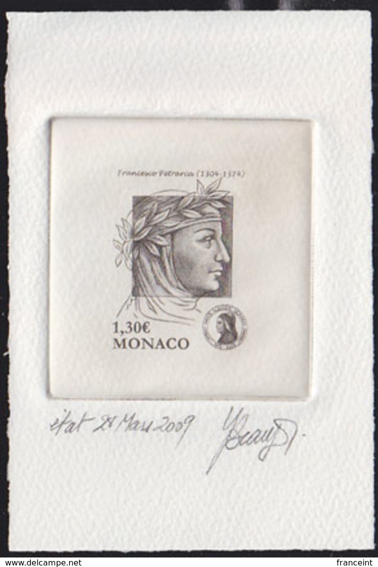 MONACO (2009) Petrarch. Stage Die Proof In Black Signed By The Engraver BEAUJARD. Scott No 2557, Yvert No 2693. - Autres & Non Classés