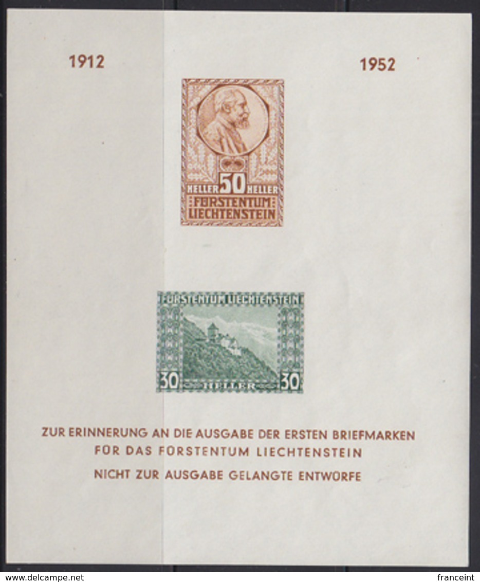 LIECHTENSTEIN (1952) Vaduz Castle. Prince Johanne. Imperforate SS Of 2 Essays For Stamps Never Issued. PO 40th Anniv. - Ensayos & Reimpresiones