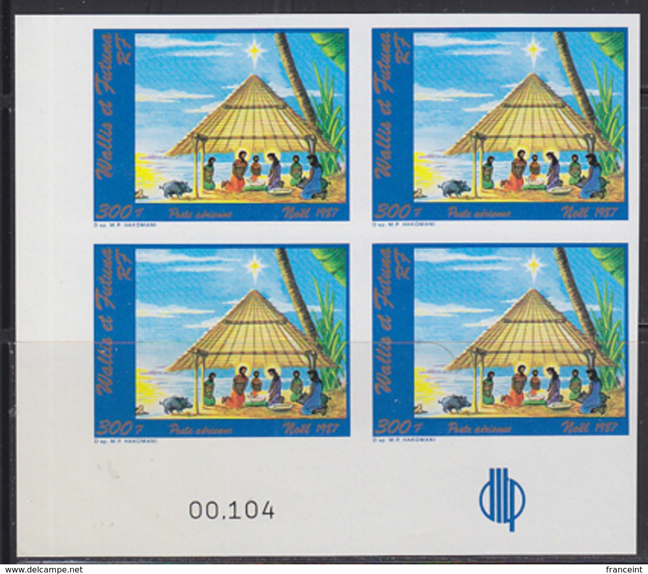 WALLIS & FUTUNA (1987) Christmas Scene. Imperforate Corner Block Of 4. Scott No C156, Yvert No PA159. - Sin Dentar, Pruebas De Impresión Y Variedades