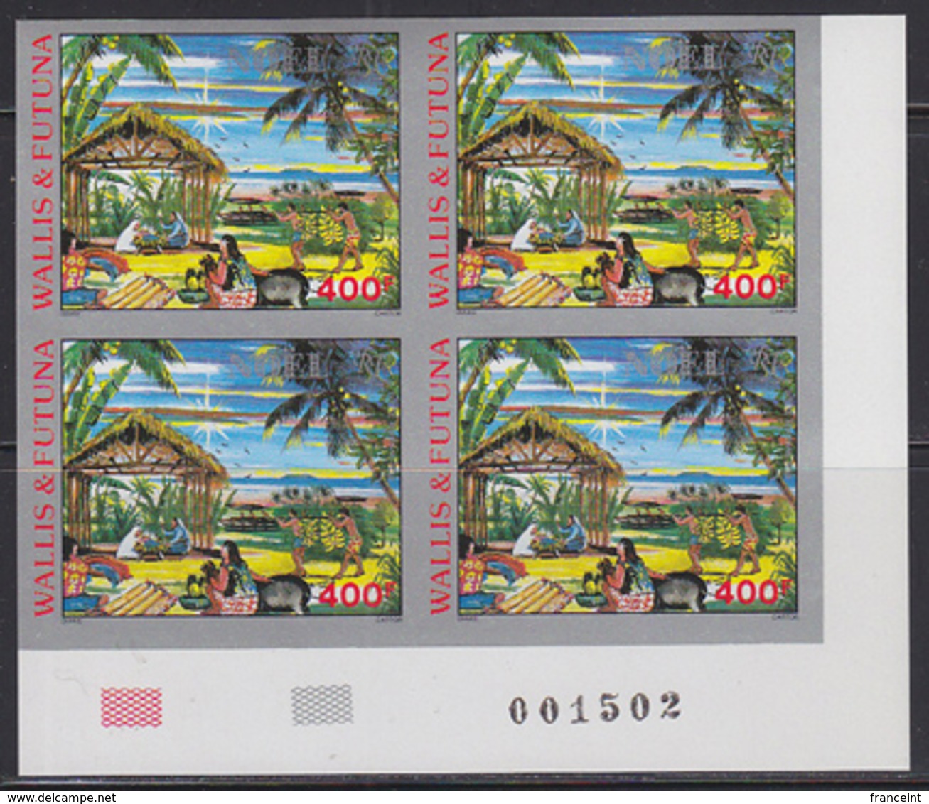 WALLIS & FUTUNA (1988) Christmas Scene. Imperforate Corner Block Of 4. Scott No C161, Yvert No PA164. - Sin Dentar, Pruebas De Impresión Y Variedades