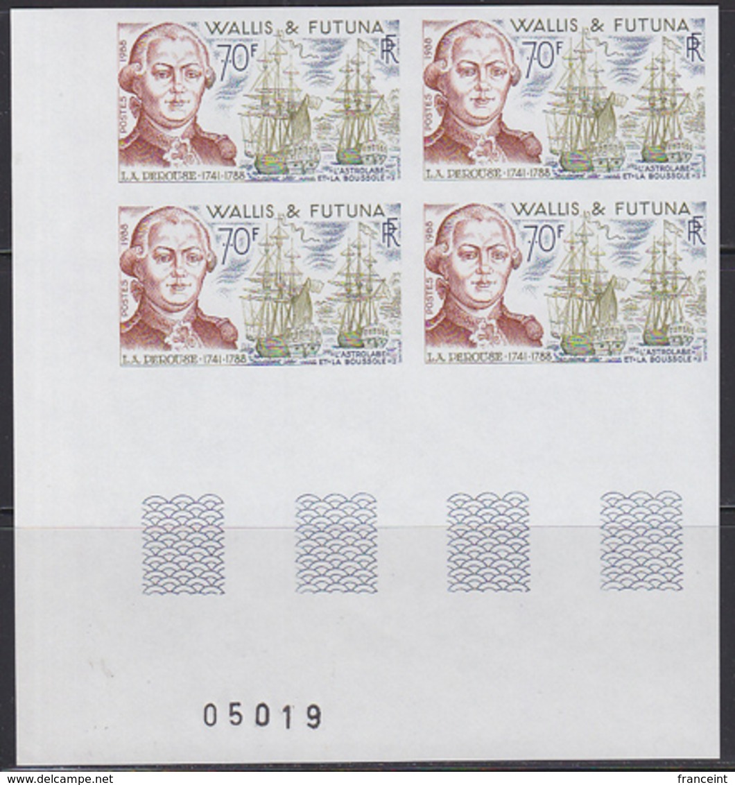 WALLIS & FUTUNA (1988) La Perouse. Sailing Ships. Imperforate Corner Block Of 4. Scott No 370, Yvert No 376. - Imperforates, Proofs & Errors