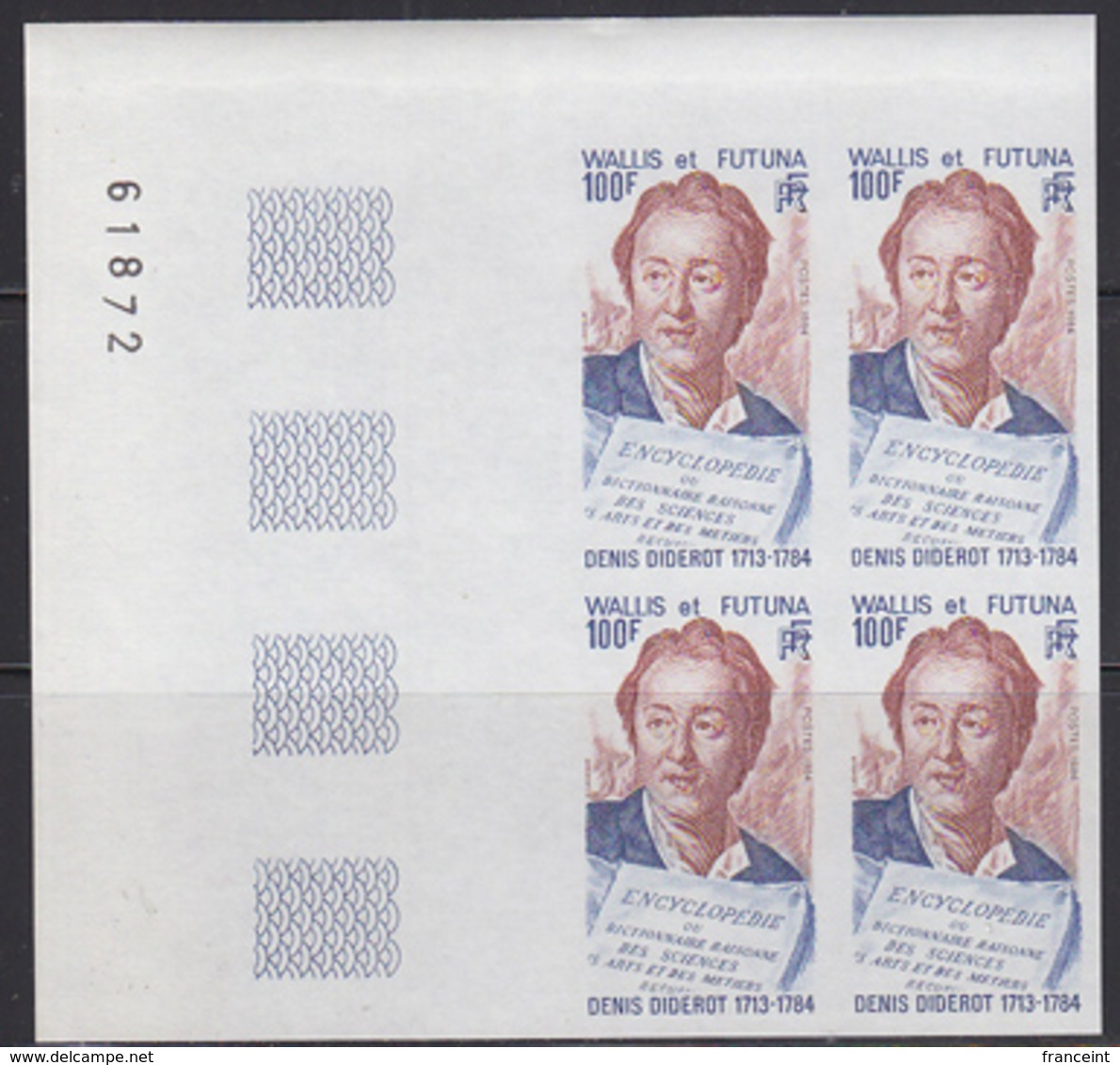 WALLIS & FUTUNA (1984) Diderot. Page Of Encyclopedia. Imperforate Corner Block Of 4. Scott No 316, Yvert No 319. - Imperforates, Proofs & Errors