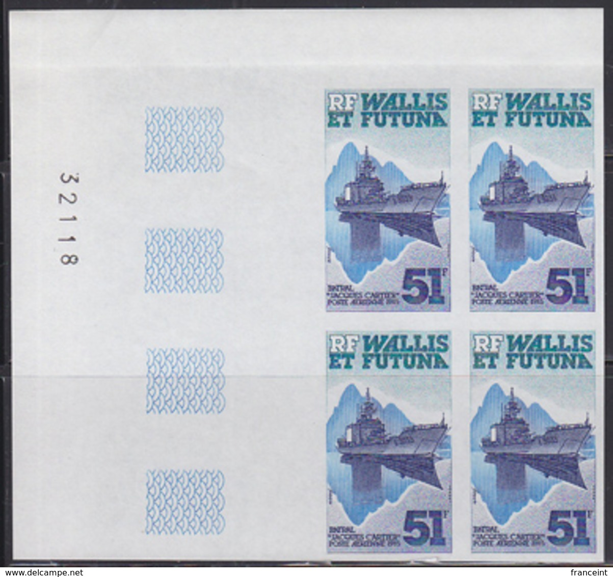 WALLIS & FUTUNA (1985) Ship "Jacques Cartier". Imperforate Corner Block Of 4. Scott No C143, Yvert No PA146. - Imperforates, Proofs & Errors