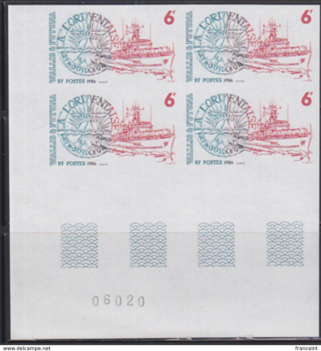 WALLIS & FUTUNA (1986) Ships. Set Of 3 Imperforate Corner Blocks Of 4. Scott Nos 343-2, Yvert Nos 348-50. - Sin Dentar, Pruebas De Impresión Y Variedades