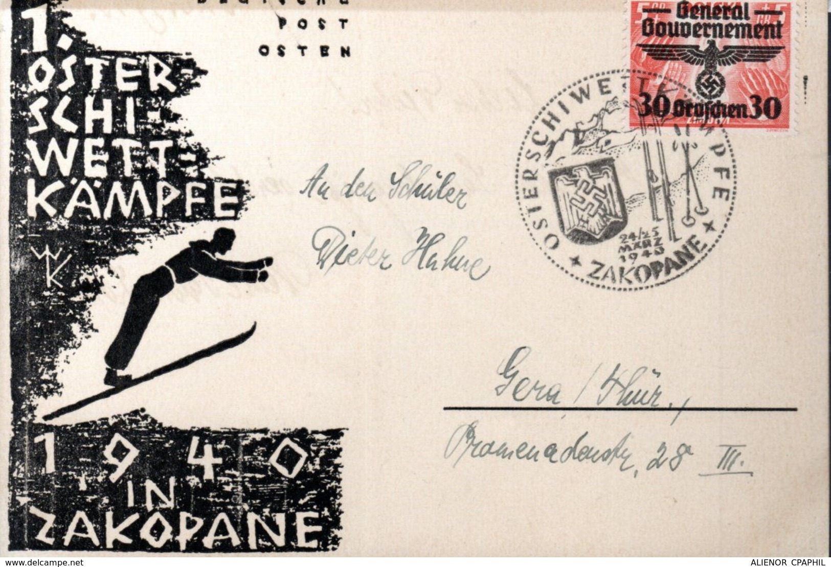 CARTE POSTALE 1940 - OBLIT. TEMPORAIRE - SPORTS D'HIVER A ZAKOPANE - - General Government