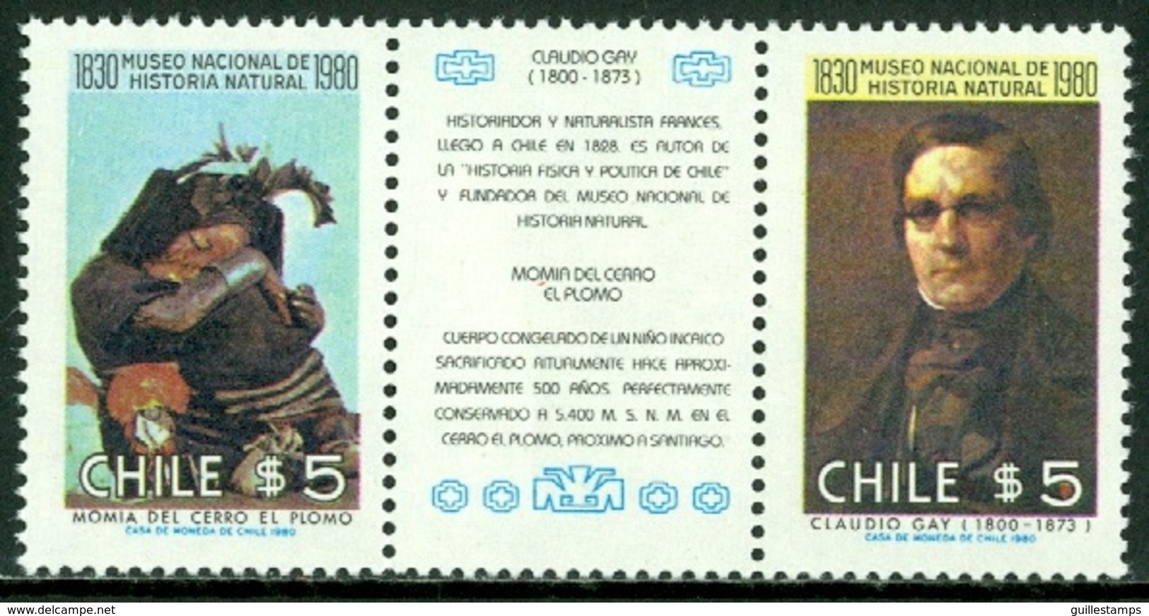 CHILE 1980 MUSEUM OF NATURAL HISTORY PAIR WITH CENTER LABEL** (MNH) - Cile