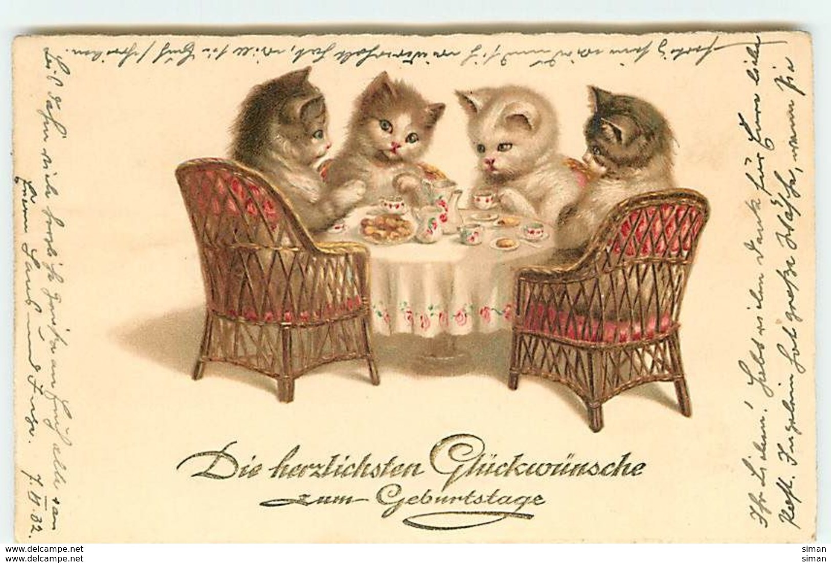 N°14245 - Die Herzlichen Glückwünsche Zum Geburtstage - Chats Prenant Le Thé - Animales Vestidos