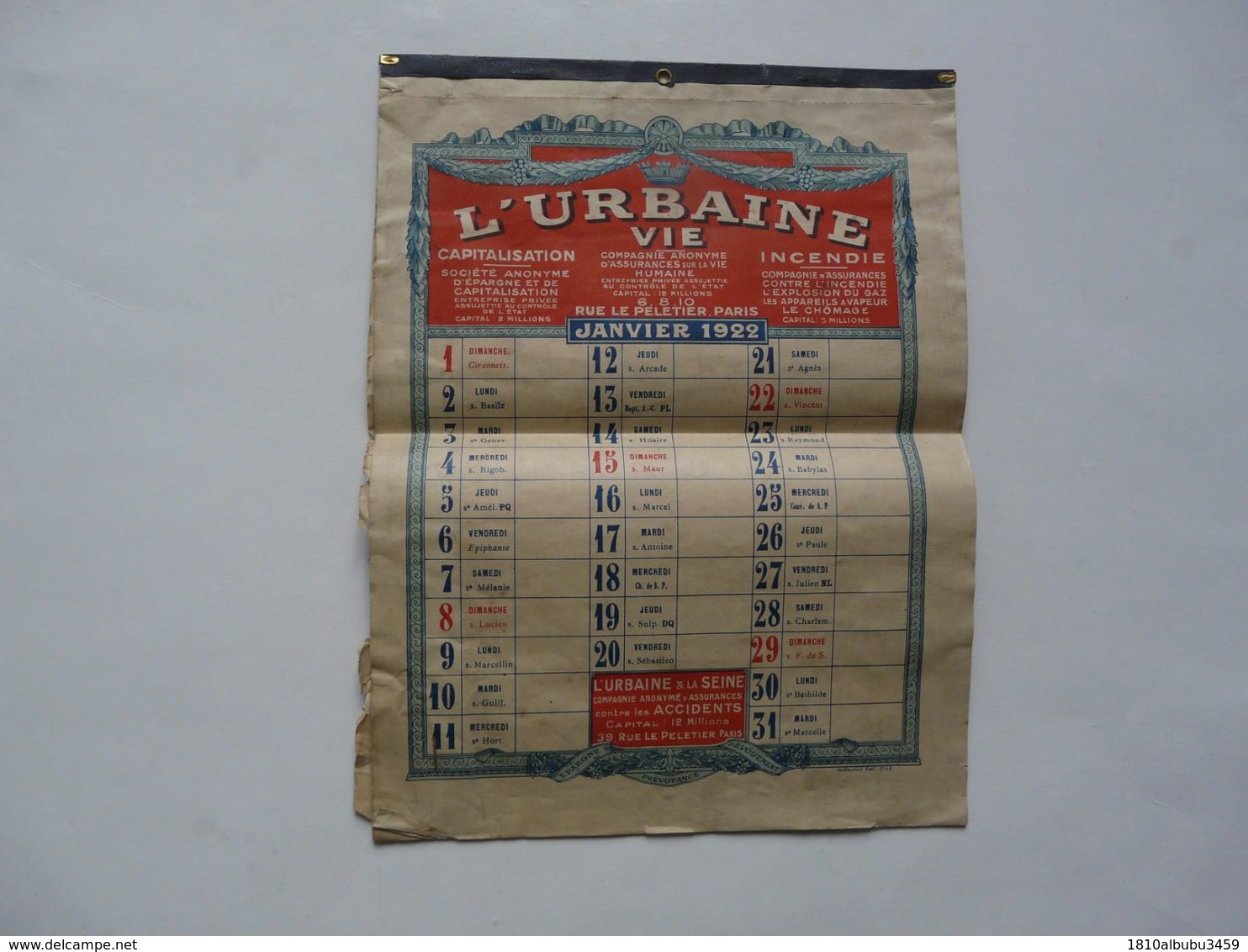 VIEUX PAPIERS - CALENDRIER 1922 : L'URBAINE VIE - Grand Format : 1921-40