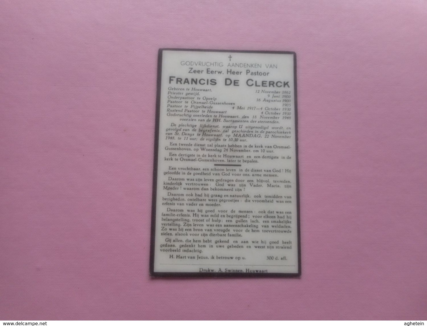 D.P.-EERW H PASTOOR FRANCIS DE CLERCK °HOUWAART 12-11-1862-+ALDAAR 18-11-1948 - Religion & Esotericism